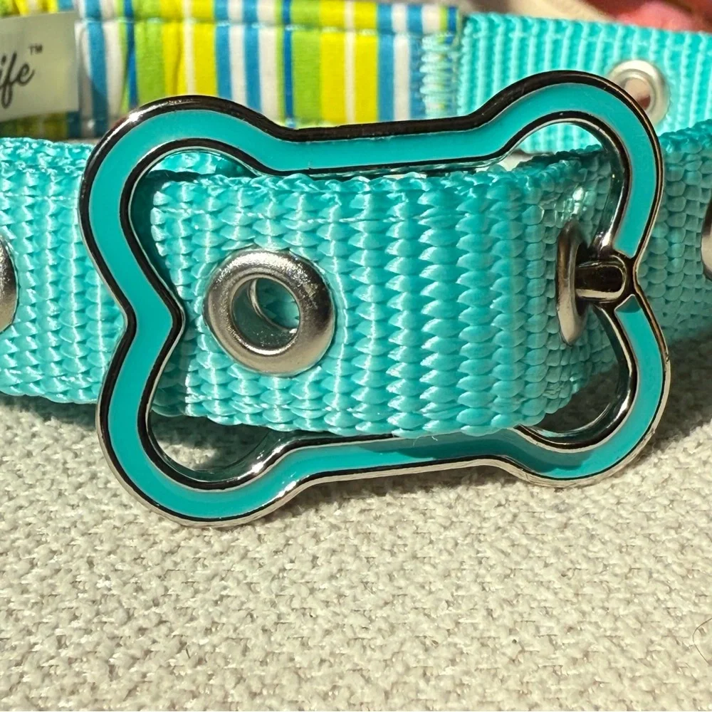 NWOT Padded Adjustable Small Teal Blue Green Dog Collar Bone Shape Enamel Buckle